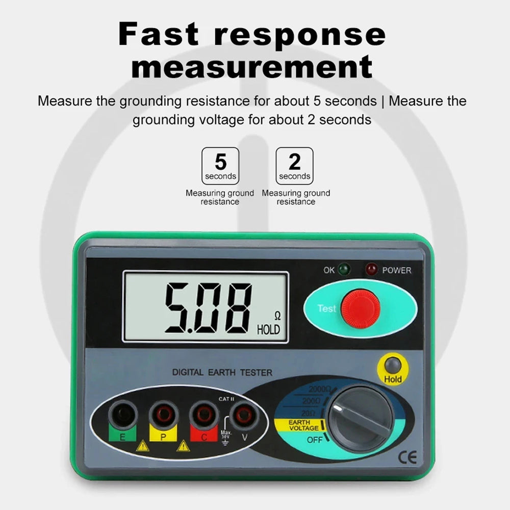 Digital Earth Ground Tester 0-2000 Ohm Resistance Meter 500V Overload Protection Waterproof Outdoor EthixLovi