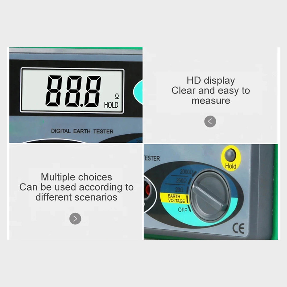 Digital Earth Ground Tester 0-2000 Ohm Resistance Meter 500V Overload Protection Waterproof Outdoor EthixLovi