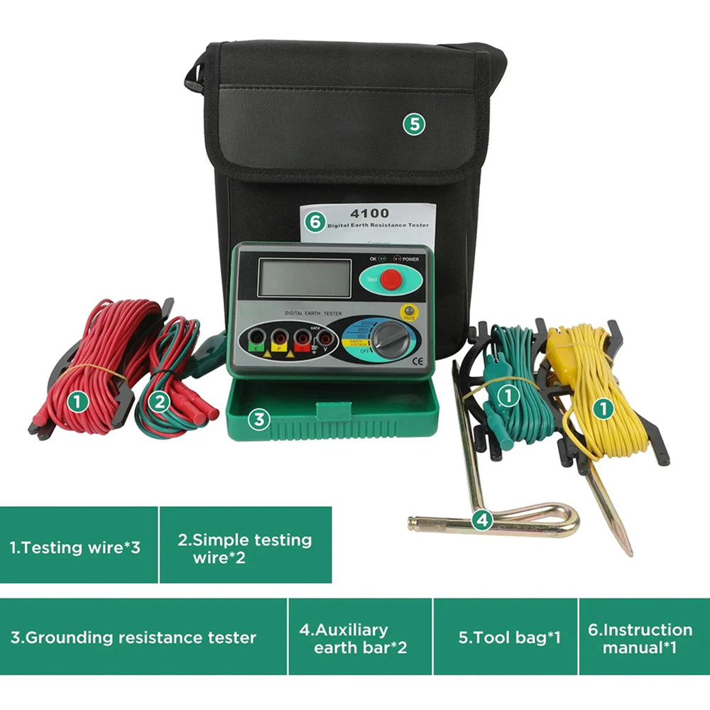 Digital Earth Ground Tester 0-2000 Ohm Resistance Meter 500V Overload Protection Waterproof Outdoor EthixLovi