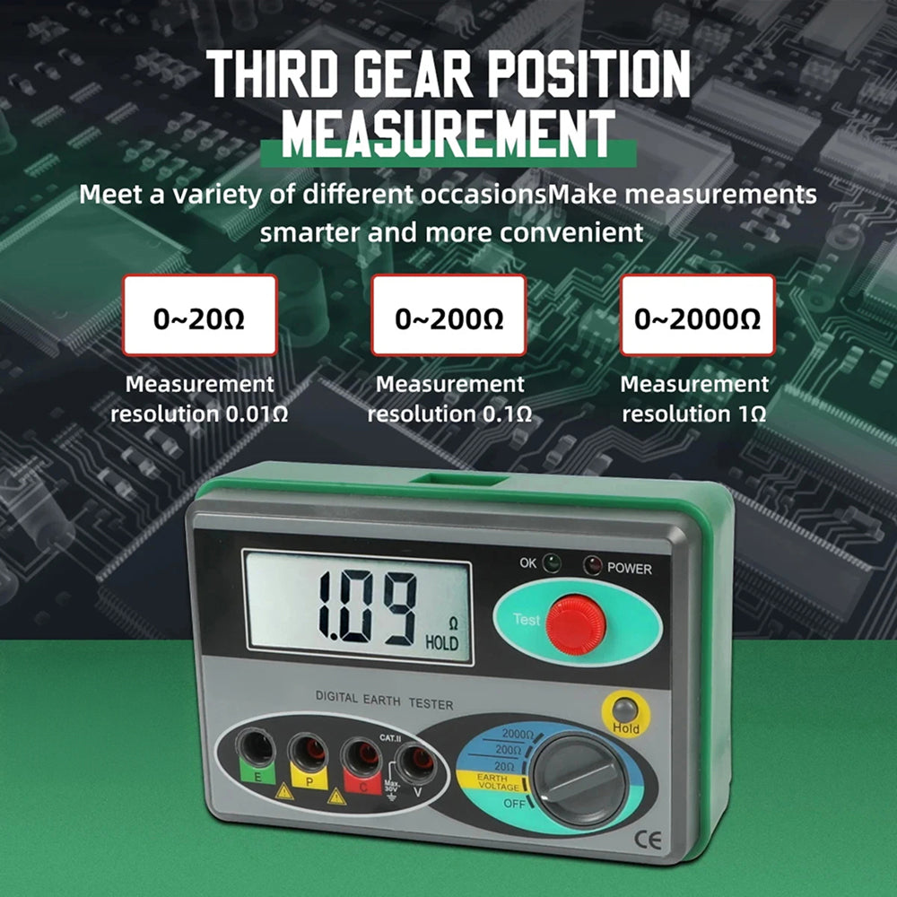 Digital Earth Ground Tester 0-2000 Ohm Resistance Meter 500V Overload Protection Waterproof Outdoor EthixLovi