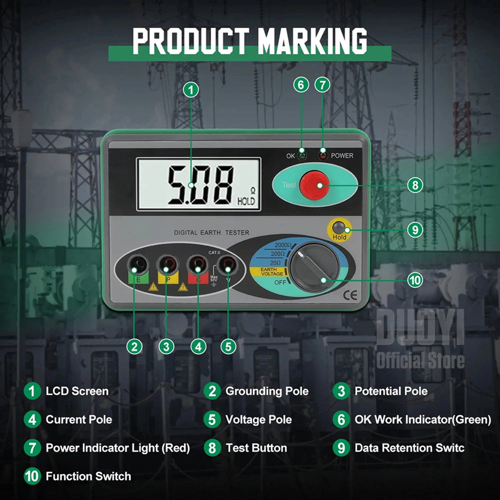 Digital Earth Ground Tester 0-2000 Ohm Resistance Meter 500V Overload Protection Waterproof Outdoor EthixLovi