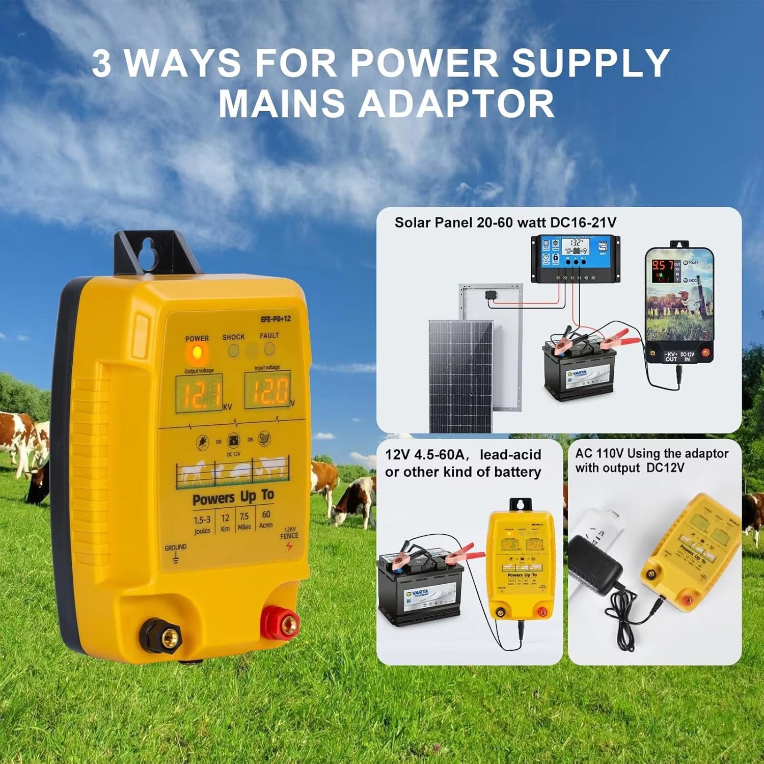 FeciLaxi 12km Electric Fence Energizer - 12.8kV / 3 Joule Output, Solar/Battery/AC Triple Power, Digital Voltage Display, Waterproof Fence Charger for 60-Acre Livestock