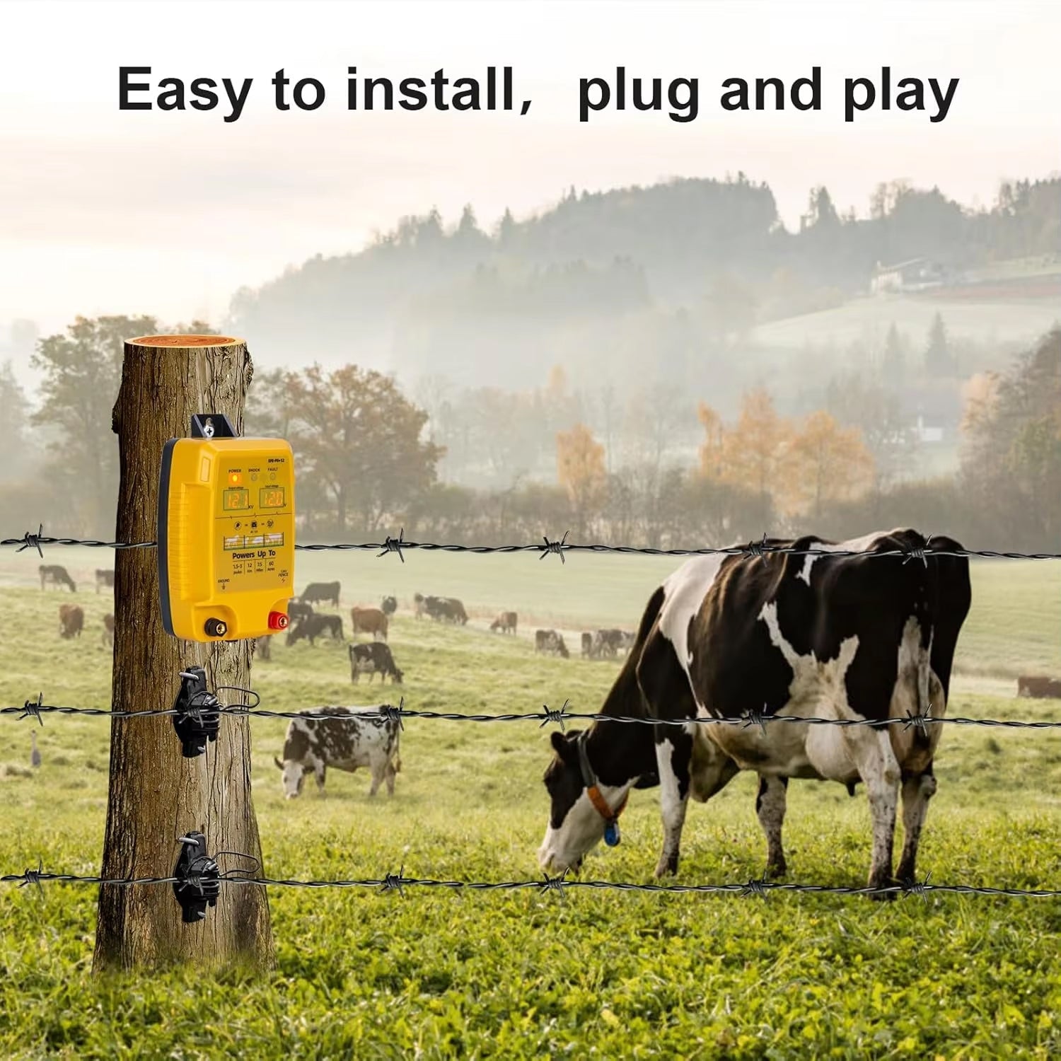 FeciLaxi 12km Electric Fence Energizer - 12.8kV / 3 Joule Output, Solar/Battery/AC Triple Power, Digital Voltage Display, Waterproof Fence Charger for 60-Acre Livestock