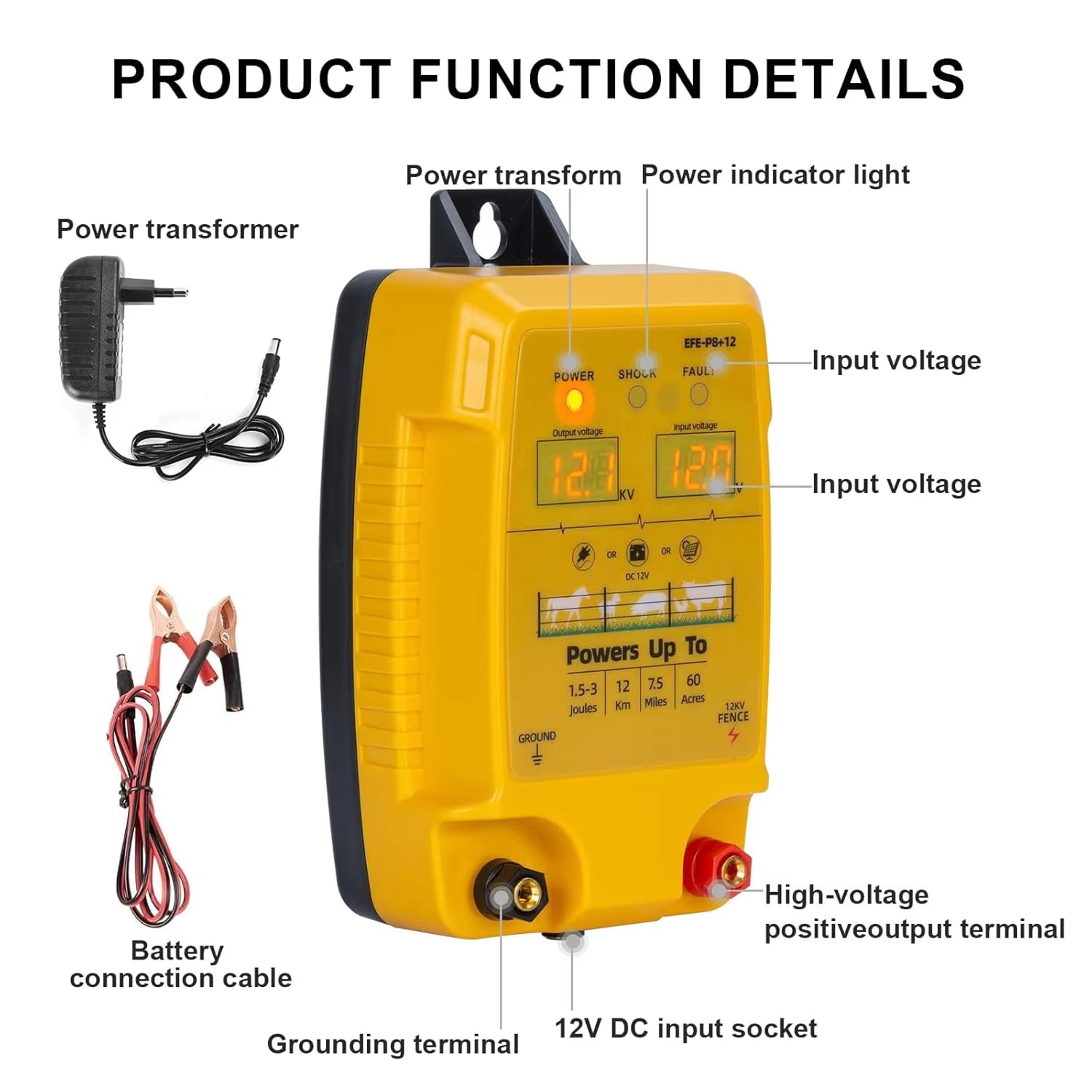 FeciLaxi 12km Electric Fence Energizer - 12.8kV / 3 Joule Output, Solar/Battery/AC Triple Power, Digital Voltage Display, Waterproof Fence Charger for 60-Acre Livestock