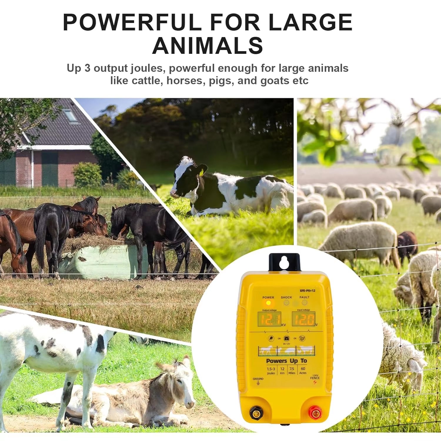 FeciLaxi 12km Electric Fence Energizer - 12.8kV / 3 Joule Output, Solar/Battery/AC Triple Power, Digital Voltage Display, Waterproof Fence Charger for 60-Acre Livestock