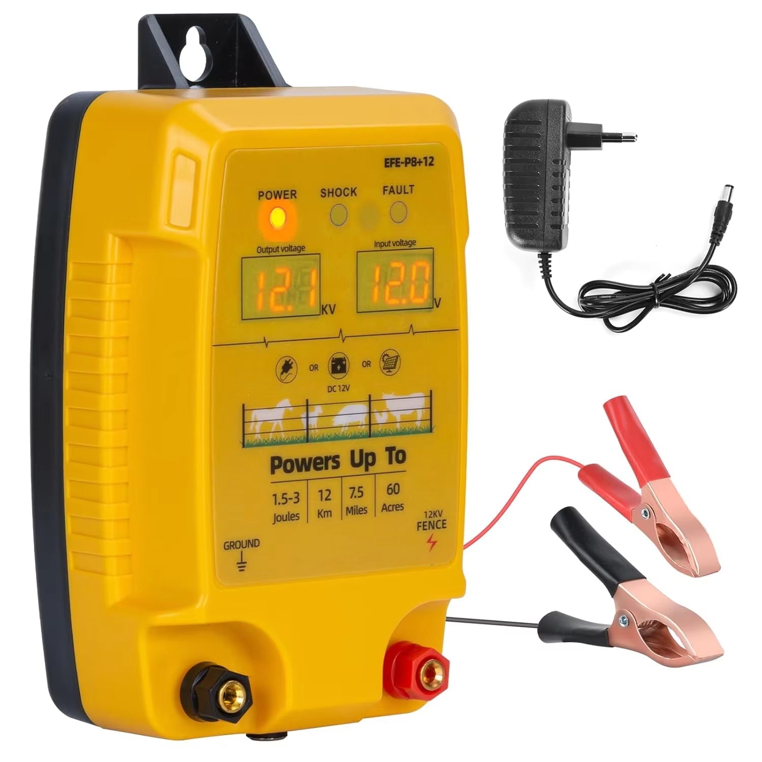 FeciLaxi 12km Electric Fence Energizer - 12.8kV / 3 Joule Output, Solar/Battery/AC Triple Power, Digital Voltage Display, Waterproof Fence Charger for 60-Acre Livestock