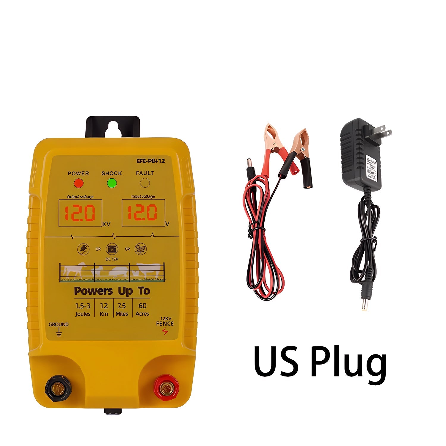 FeciLaxi 12km Electric Fence Energizer - 12.8kV / 3 Joule Output, Solar/Battery/AC Triple Power, Digital Voltage Display, Waterproof Fence Charger for 60-Acre Livestock