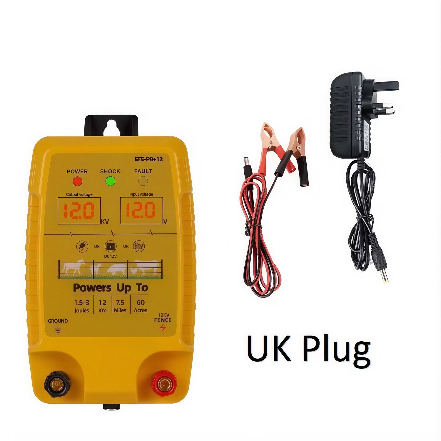 FeciLaxi 12km Electric Fence Energizer - 12.8kV / 3 Joule Output, Solar/Battery/AC Triple Power, Digital Voltage Display, Waterproof Fence Charger for 60-Acre Livestock