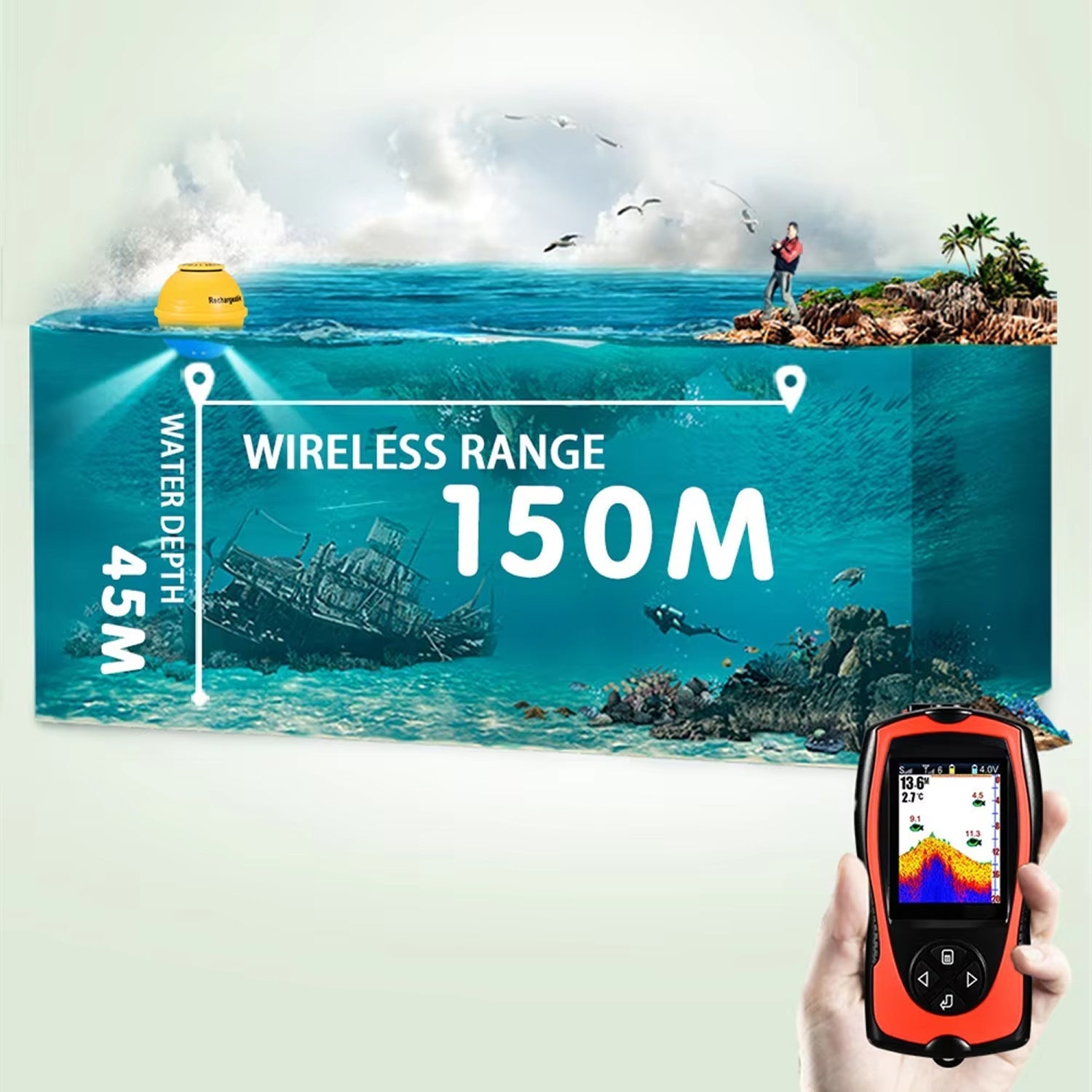 Wireless Fish Finder Portable Sonar 150m Range 2.4 TFT Color Display