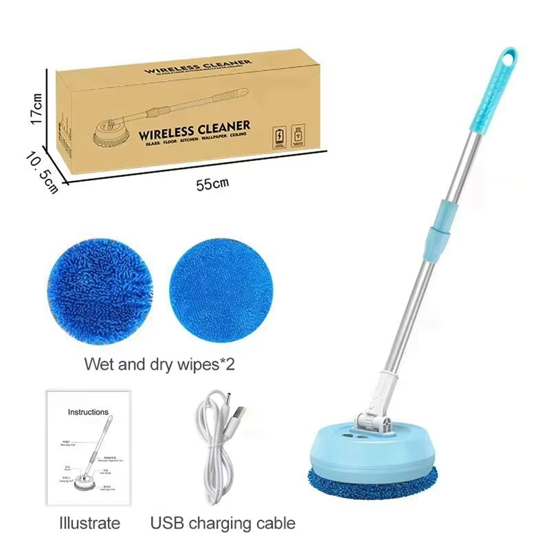 FlasiWipe Cordless Electric Mop - 2-in-1 Wet & Dry Cleaning with 3-Meter Telescopic Rod, High-Reach Window & Floor Scrubber, USB Rechargeable