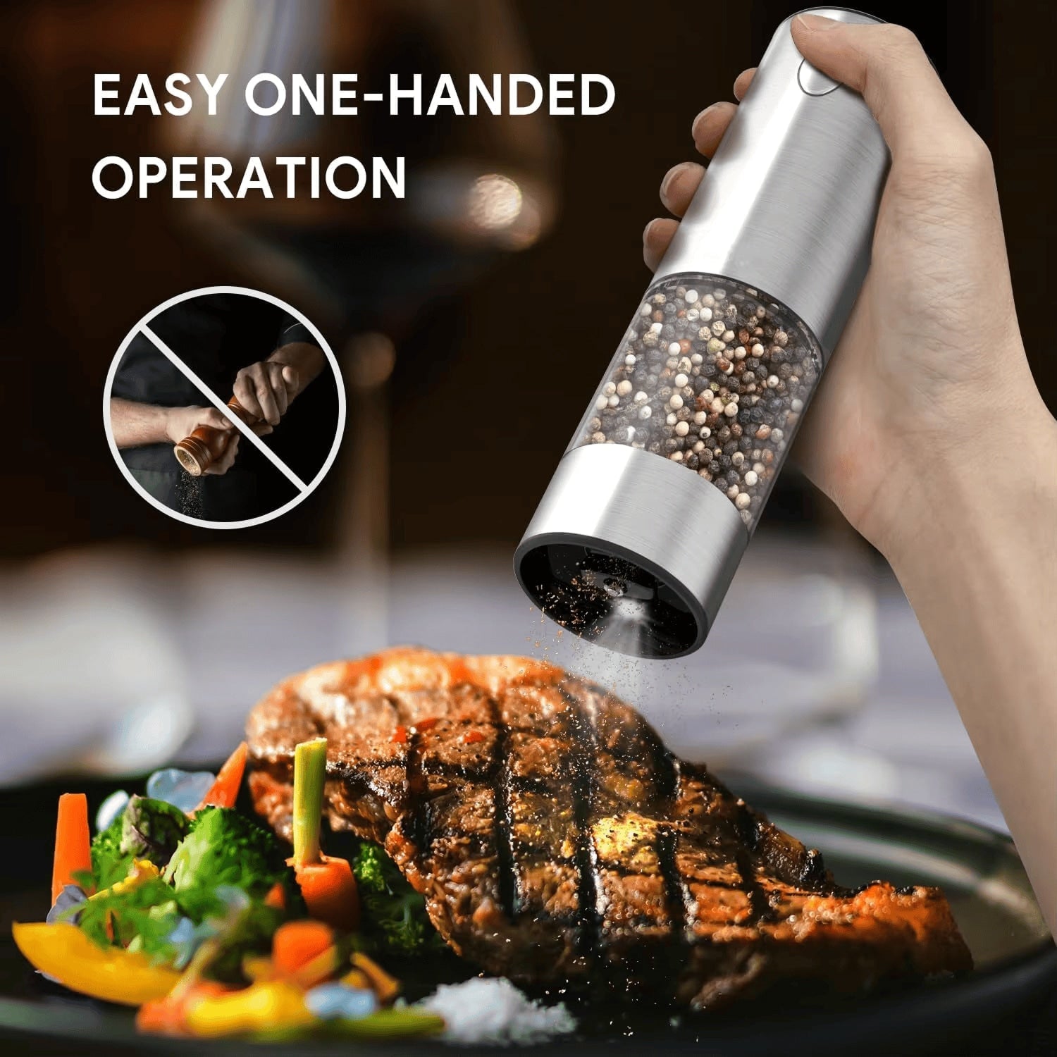 GrindTise Electric Salt and Pepper Grinder Set with One-Touch Automatic Operation, Adjustable Ceramic Coarseness and LED Precision Lighting