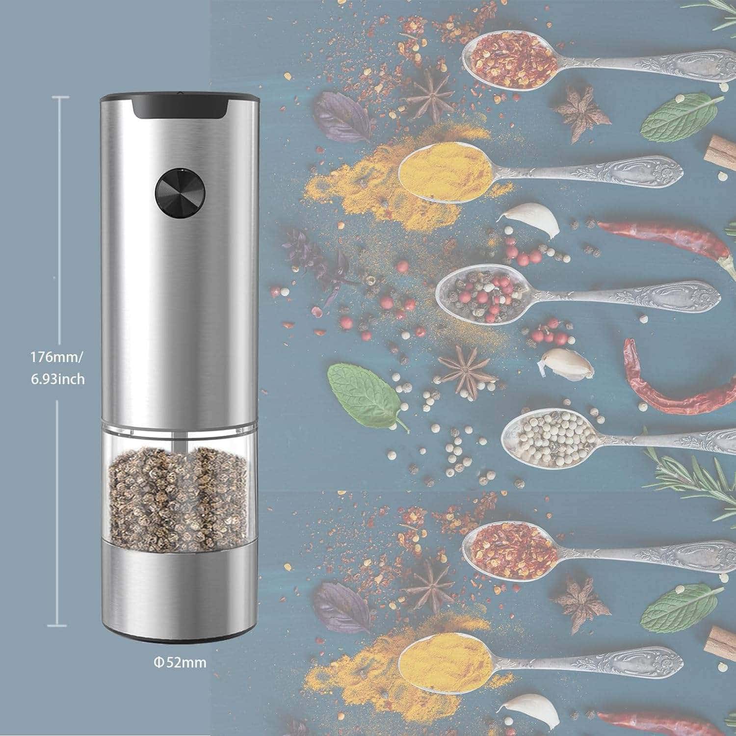 GrindTise Electric Salt and Pepper Grinder Set with One-Touch Automatic Operation, Adjustable Ceramic Coarseness and LED Precision Lighting