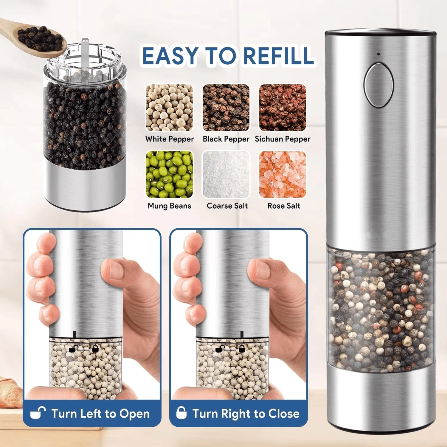 GrindTise Electric Salt and Pepper Grinder Set with One-Touch Automatic Operation, Adjustable Ceramic Coarseness and LED Precision Lighting