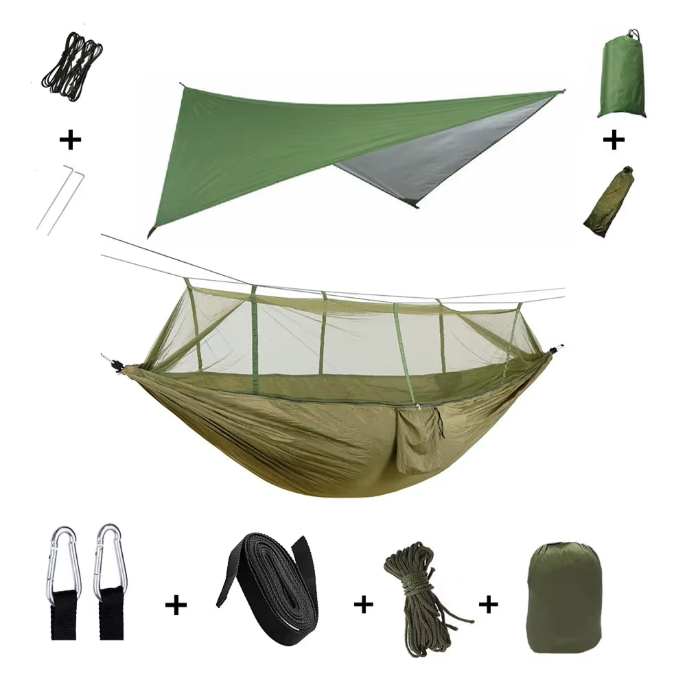 HamCapix Camping Hammock - 210T Parachute Nylon 2-in-1 Hammock with Bug Net, Waterproof Rain Fly