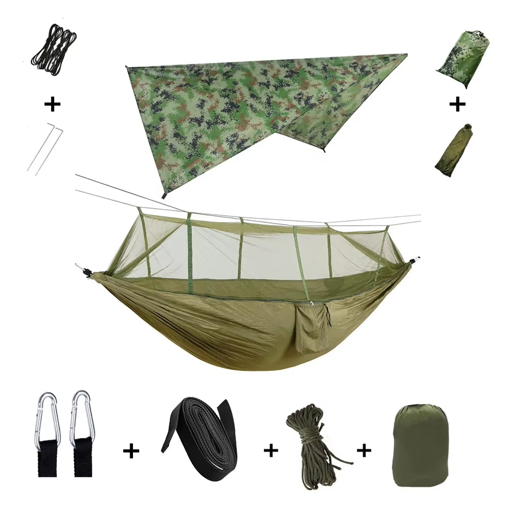 HamCapix Camping Hammock - 210T Parachute Nylon 2-in-1 Hammock with Bug Net, Waterproof Rain Fly