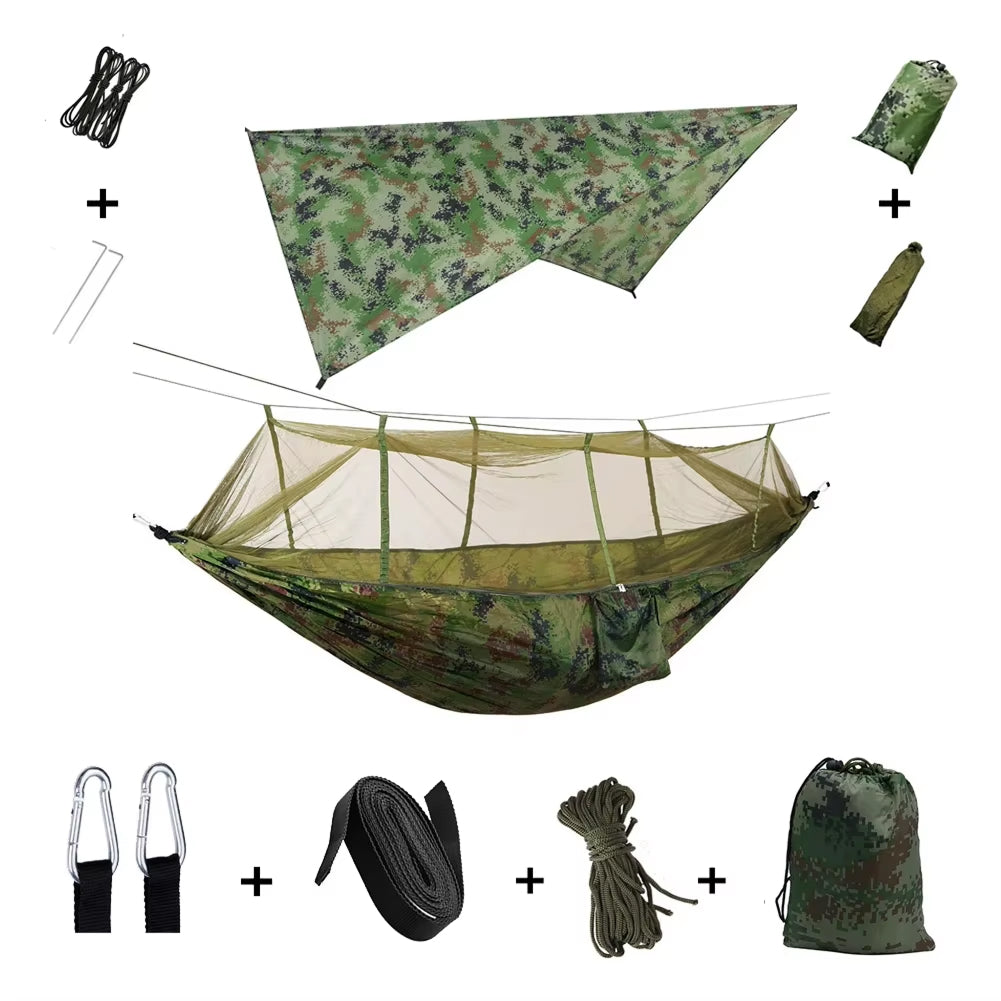 HamCapix Camping Hammock - 210T Parachute Nylon 2-in-1 Hammock with Bug Net, Waterproof Rain Fly