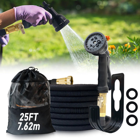 HosiExpi Expandable Garden Hose - 3x Expansion with 3/4-inch Solid Brass Connectors, 3750D Polyester Fabric, 8-Pattern Spray Nozzle, and Lightweight Kink-Free Design