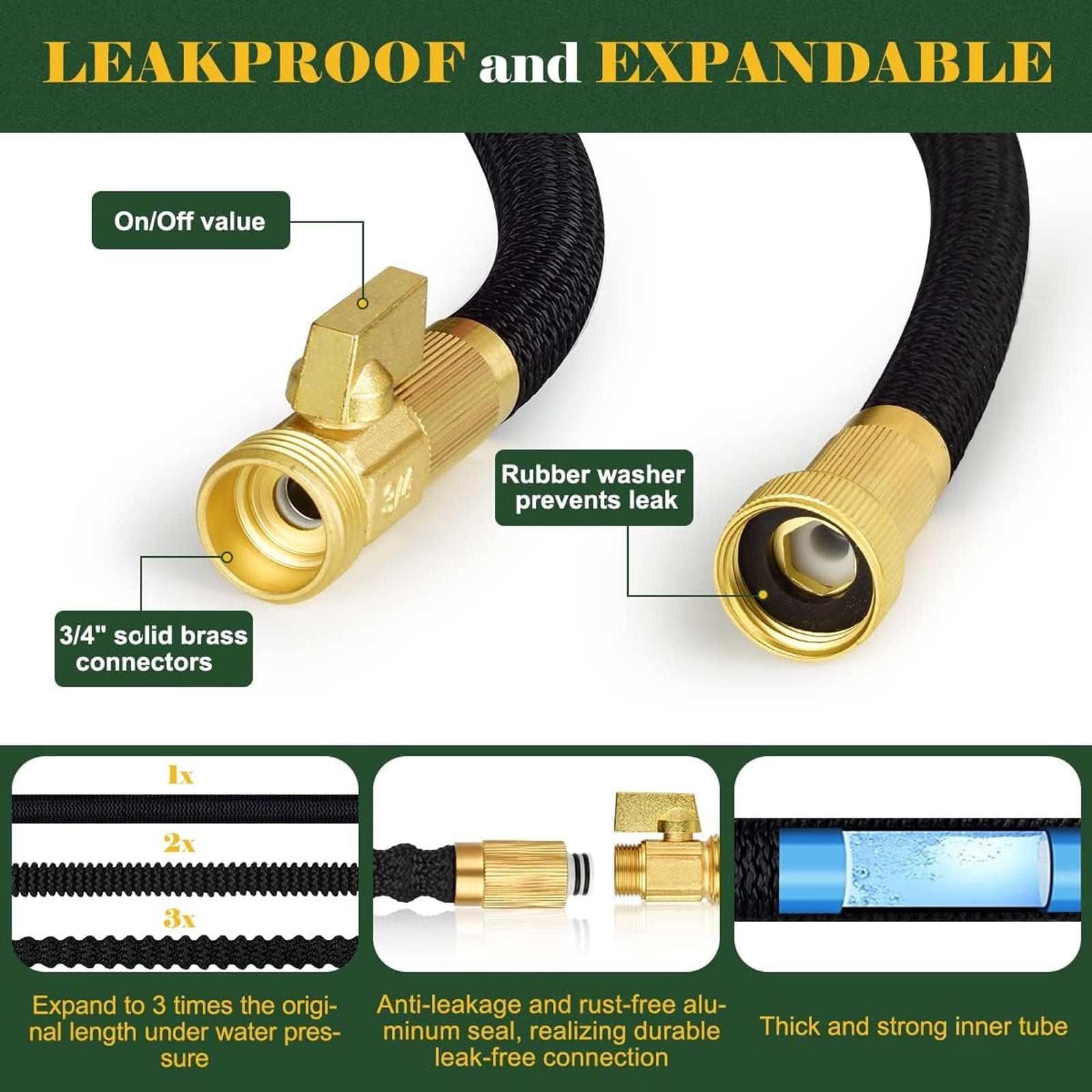 HosiExpi Expandable Garden Hose with 3x Rapid Extension, 3750D Polyester Outer Shell
