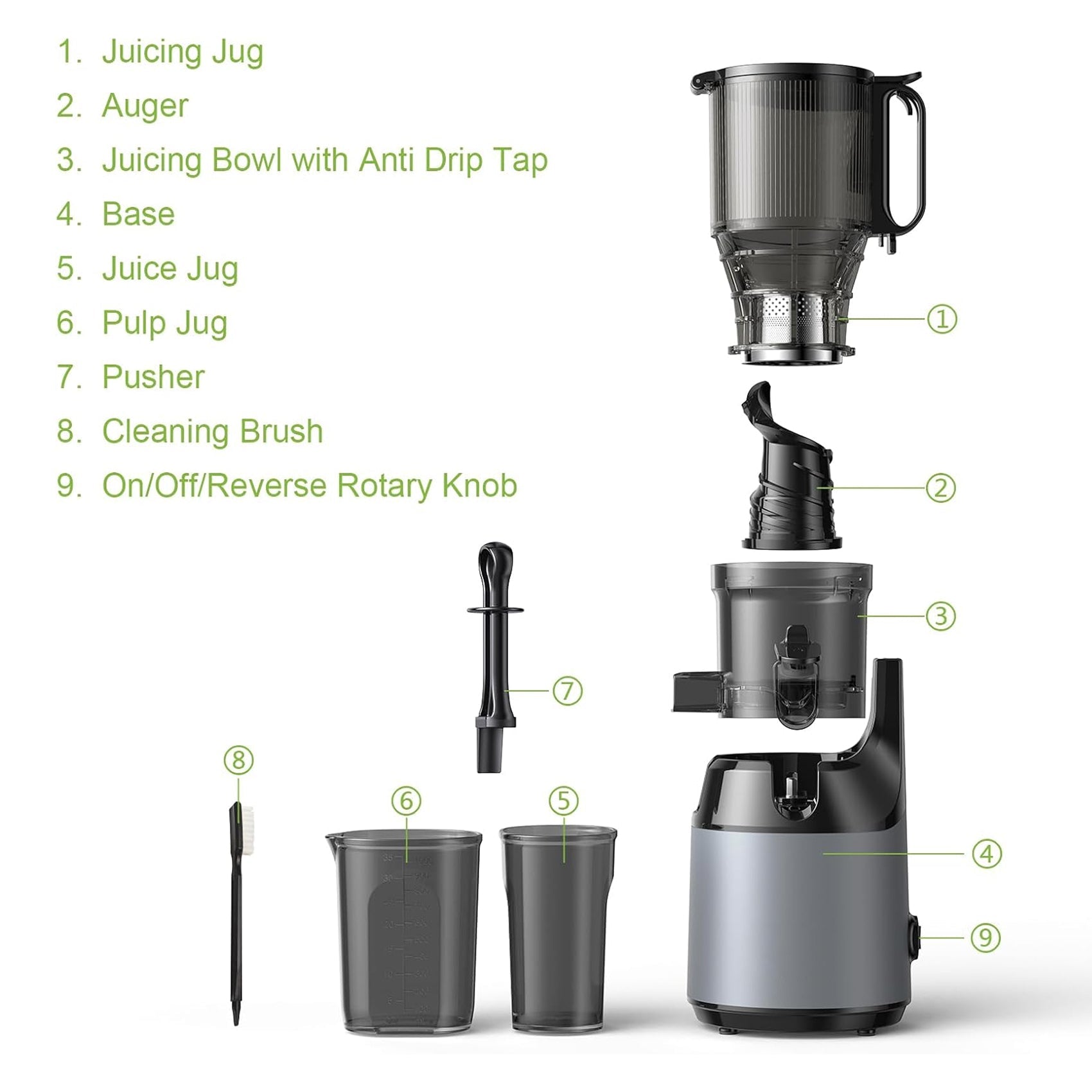JoyDrinko Cold Press Masticating Juicer 130mm Extra-Wide Feeding Chute for Whole Fruits with 90% High Juice Yield and 1.8L Capacity