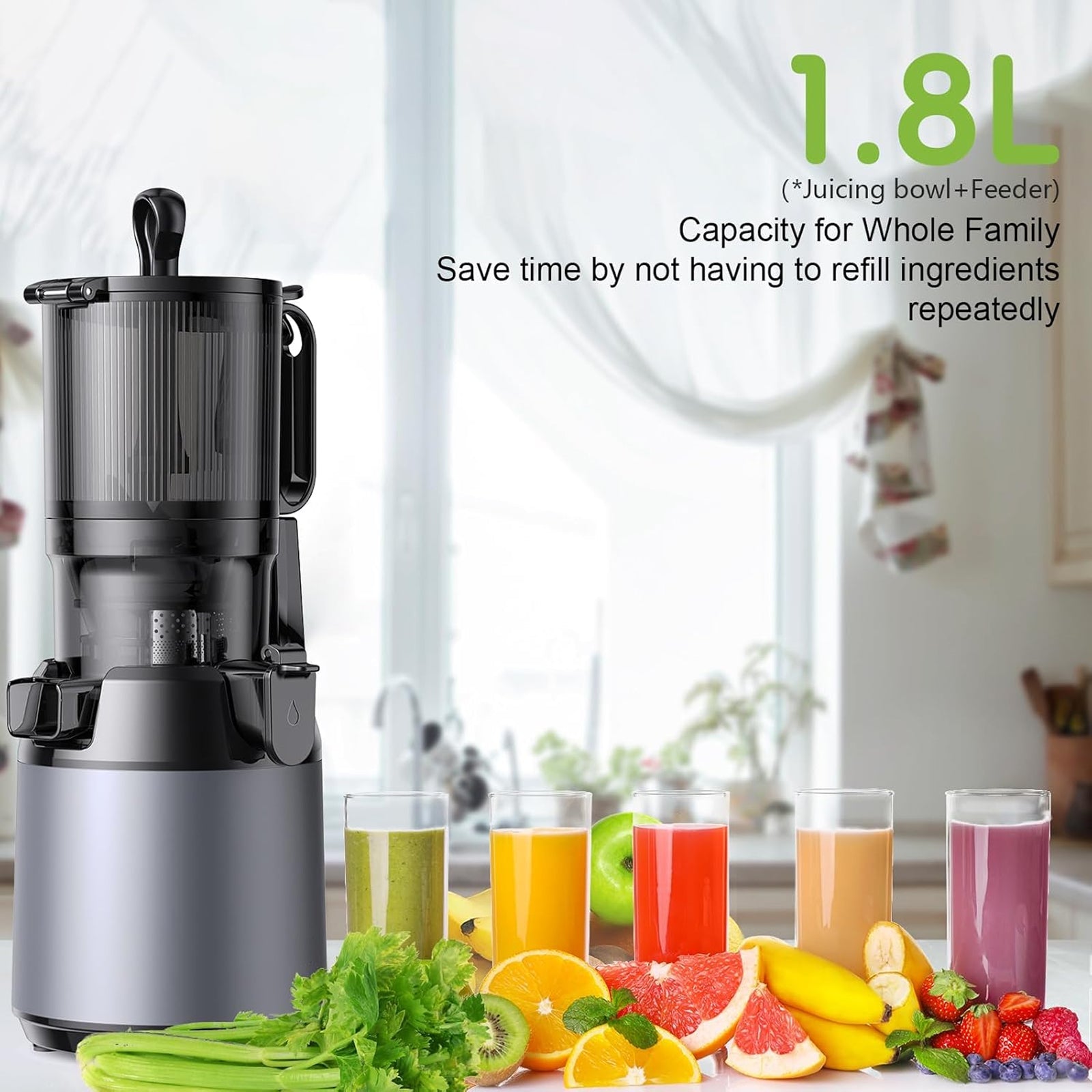 JoyDrinko Cold Press Masticating Juicer 130mm Extra-Wide Feeding Chute for Whole Fruits with 90% High Juice Yield and 1.8L Capacity