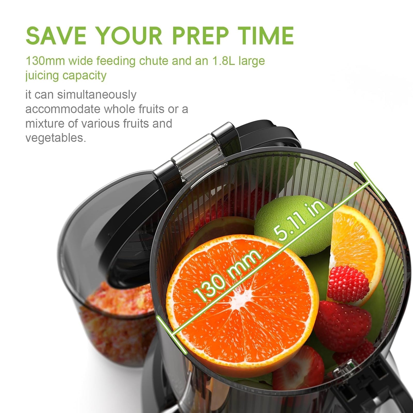 JoyDrinko Cold Press Masticating Juicer 130mm Extra-Wide Feeding Chute for Whole Fruits with 90% High Juice Yield and 1.8L Capacity