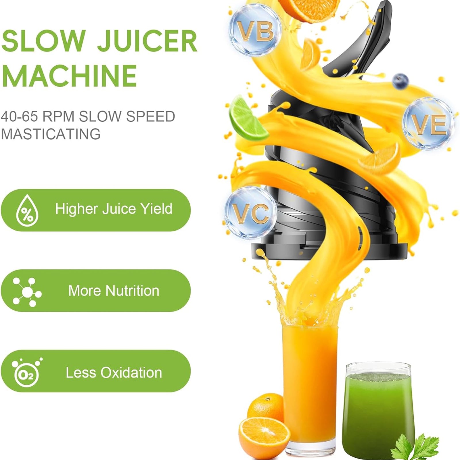 JoyDrinko Cold Press Masticating Juicer 130mm Extra-Wide Feeding Chute for Whole Fruits with 90% High Juice Yield and 1.8L Capacity