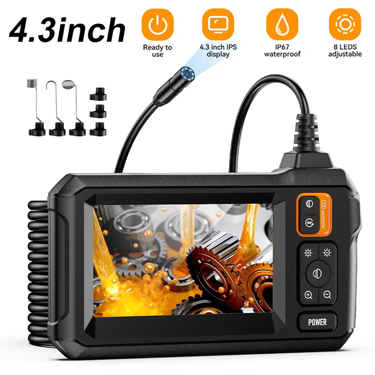 KixSpec Digital Endoscope - 4.3 Inch HD Display, 1080P Professional Inspection Camera, IP67 Waterproof Probe, and 3-Hour Rechargeable Battery