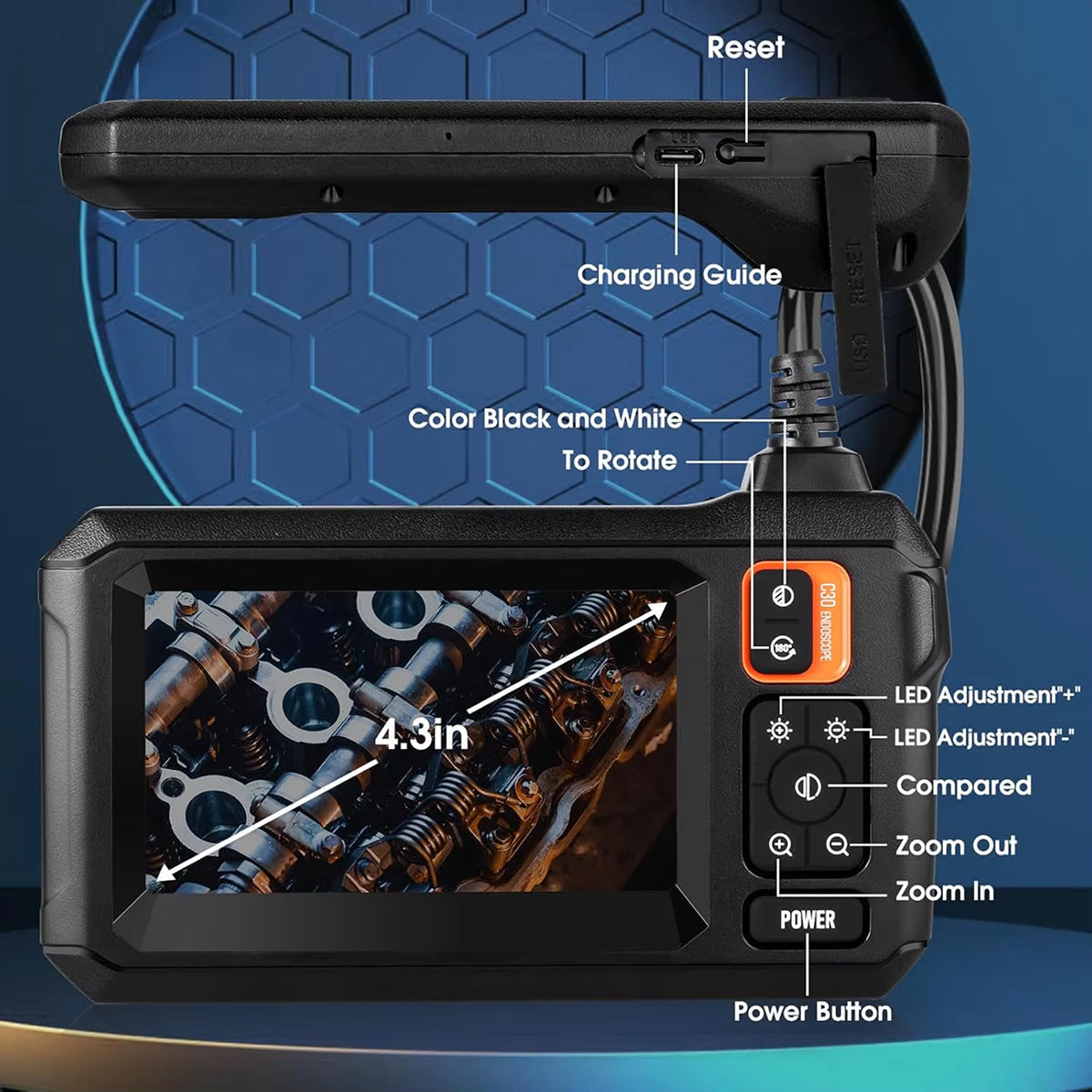 KixSpec Digital Endoscope - 4.3 Inch HD Display, 1080P Professional Inspection Camera, IP67 Waterproof Probe, and 3-Hour Rechargeable Battery