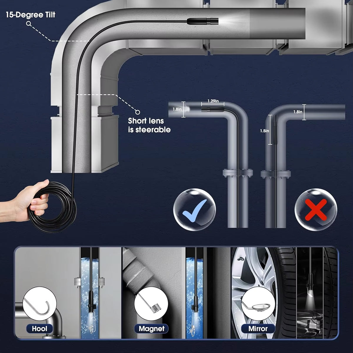 KixSpec Digital Endoscope - 4.3 Inch HD Display, 1080P Professional Inspection Camera, IP67 Waterproof Probe, and 3-Hour Rechargeable Battery