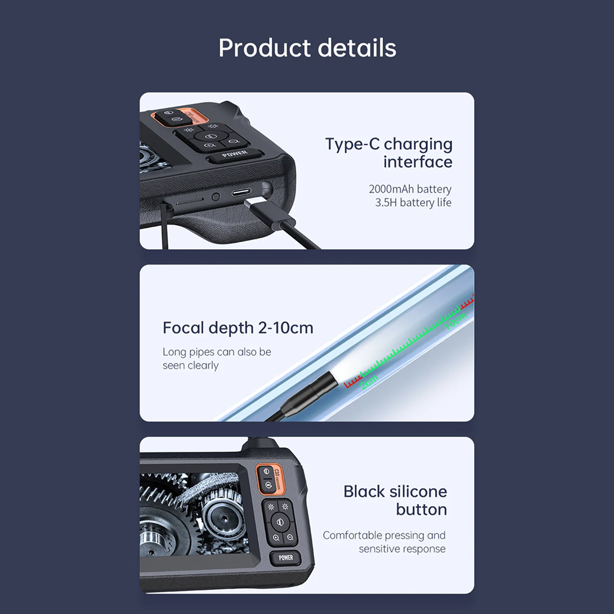 KixSpec Digital Endoscope - 4.3 Inch HD Display, 1080P Professional Inspection Camera, IP67 Waterproof Probe, and 3-Hour Rechargeable Battery