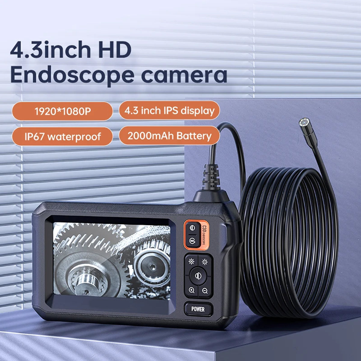 KixSpec Digital Endoscope - 4.3 Inch HD Display, 1080P Professional Inspection Camera, IP67 Waterproof Probe, and 3-Hour Rechargeable Battery