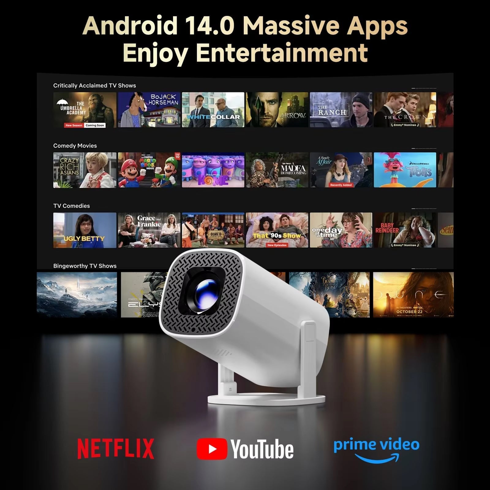 LuxinBeam Android 14.0 Smart Mini Projector with 270° Rotating Gimbal, WiFi 6, Auto Focus and 150-Inch Cinematic Display
