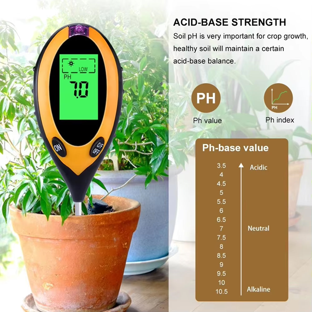 MaziSoil 4-in-1 Soil Moisture Meter - pH, Light, and Temperature Tester with Backlit LCD, 3-Second Fast Reading and 98% Accuracy