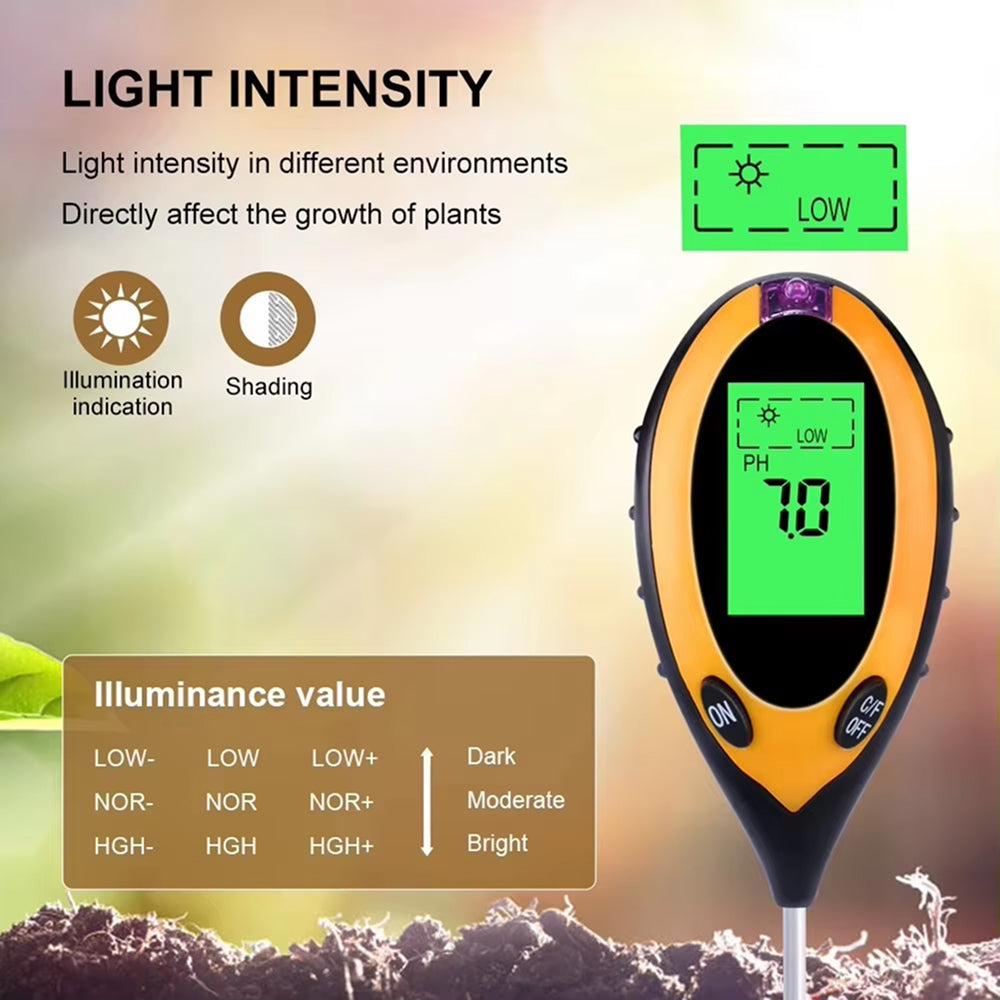 MaziSoil 4-in-1 Soil Moisture Meter - pH, Light, and Temperature Tester with Backlit LCD, 3-Second Fast Reading and 98% Accuracy