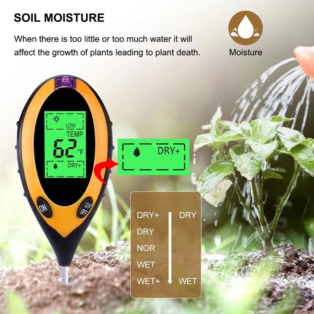 MaziSoil 4-in-1 Soil Moisture Meter - pH, Light, and Temperature Tester with Backlit LCD, 3-Second Fast Reading and 98% Accuracy
