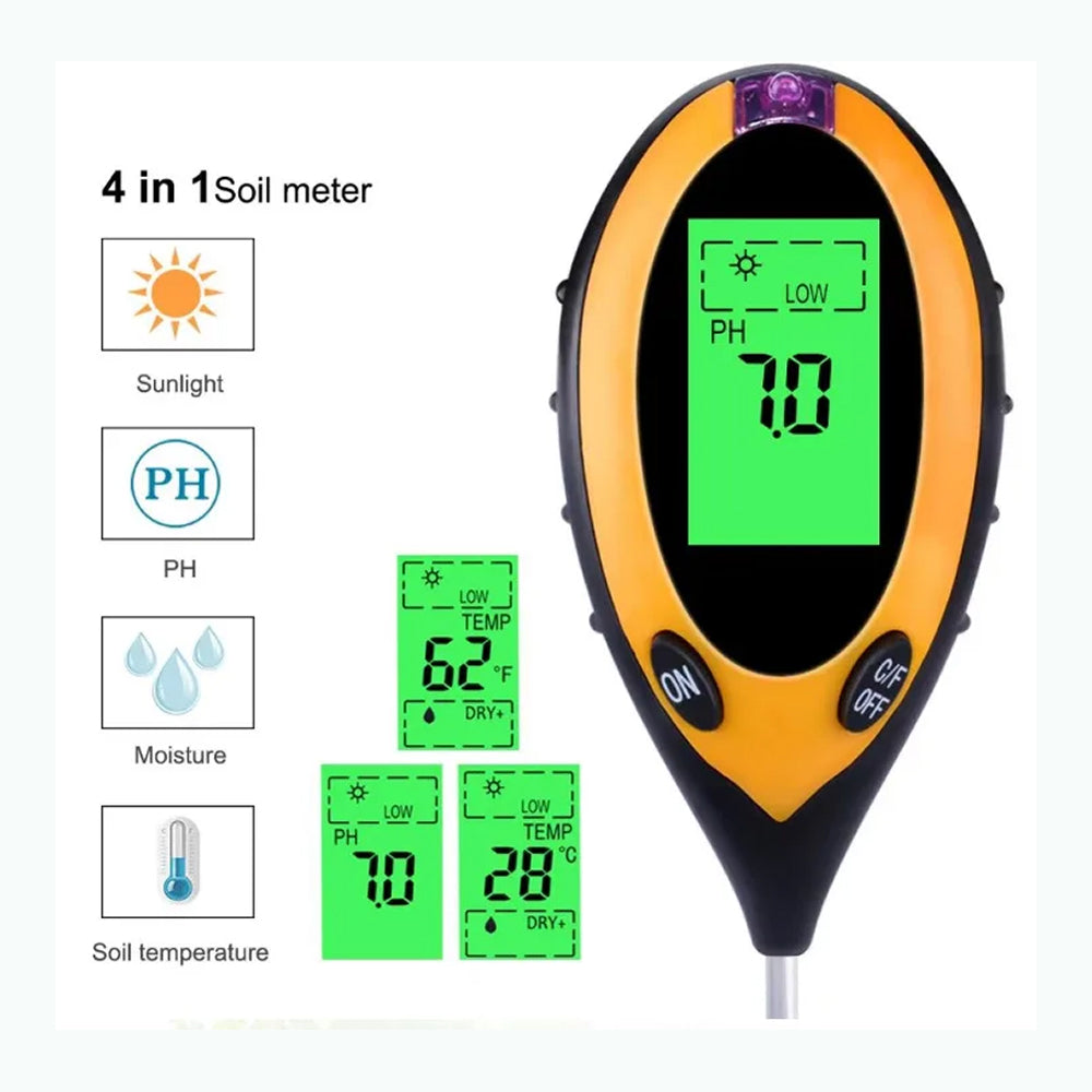 MaziSoil 4-in-1 Soil Moisture Meter - pH, Light, and Temperature Tester with Backlit LCD, 3-Second Fast Reading and 98% Accuracy