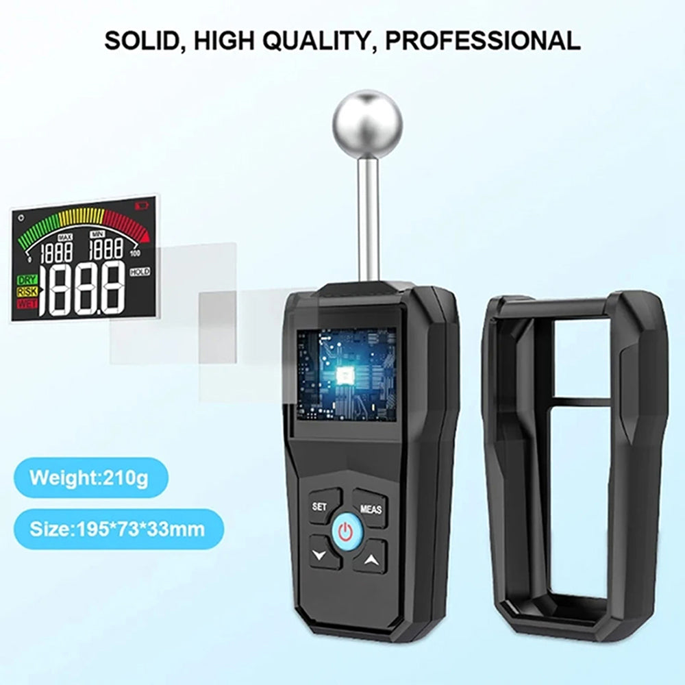 MoisiKox Non-Destructive Moisture Meter - Pinless Spherical Probe, 20-40mm Detection Depth, HD Color LCD with Triple-Zone Alarm for Wood, Concrete, and Drywall