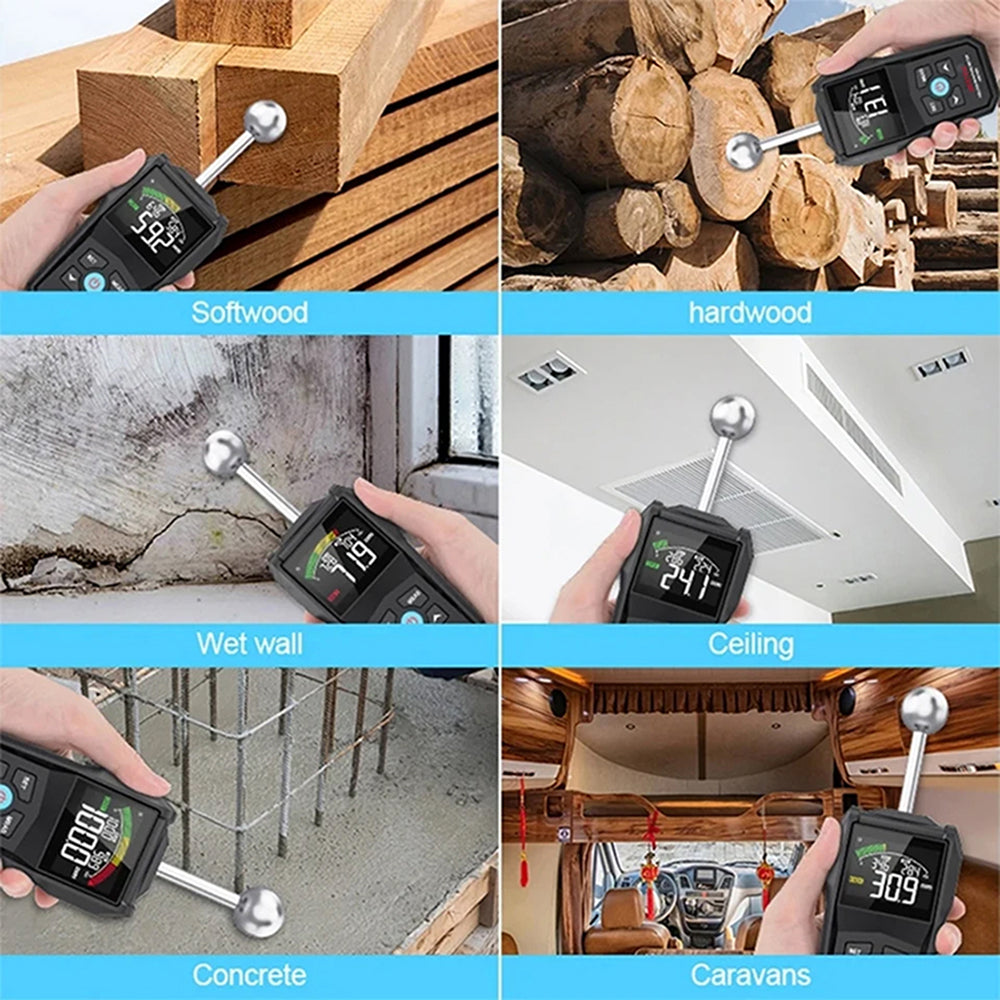 MoisiKox Non-Destructive Moisture Meter - Pinless Spherical Probe, 20-40mm Detection Depth, HD Color LCD with Triple-Zone Alarm for Wood, Concrete, and Drywall