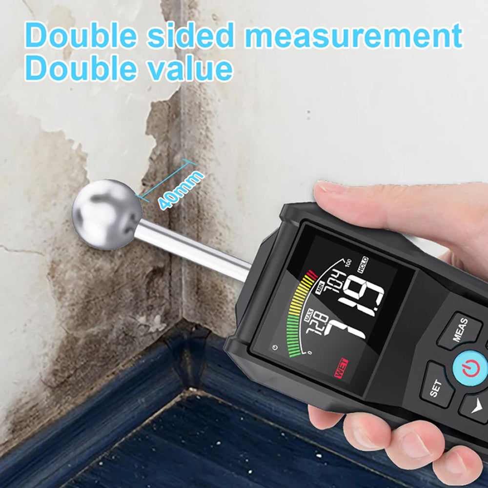 MoisiKox Non-Destructive Moisture Meter - Pinless Spherical Probe, 20-40mm Detection Depth, HD Color LCD with Triple-Zone Alarm for Wood, Concrete, and Drywall
