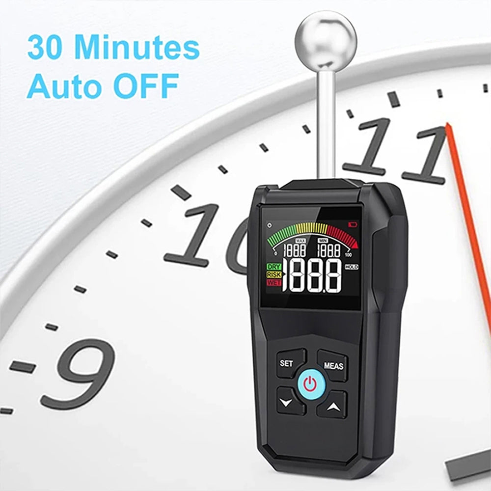 MoisiKox Non-Destructive Moisture Meter - Pinless Spherical Probe, 20-40mm Detection Depth, HD Color LCD with Triple-Zone Alarm for Wood, Concrete, and Drywall