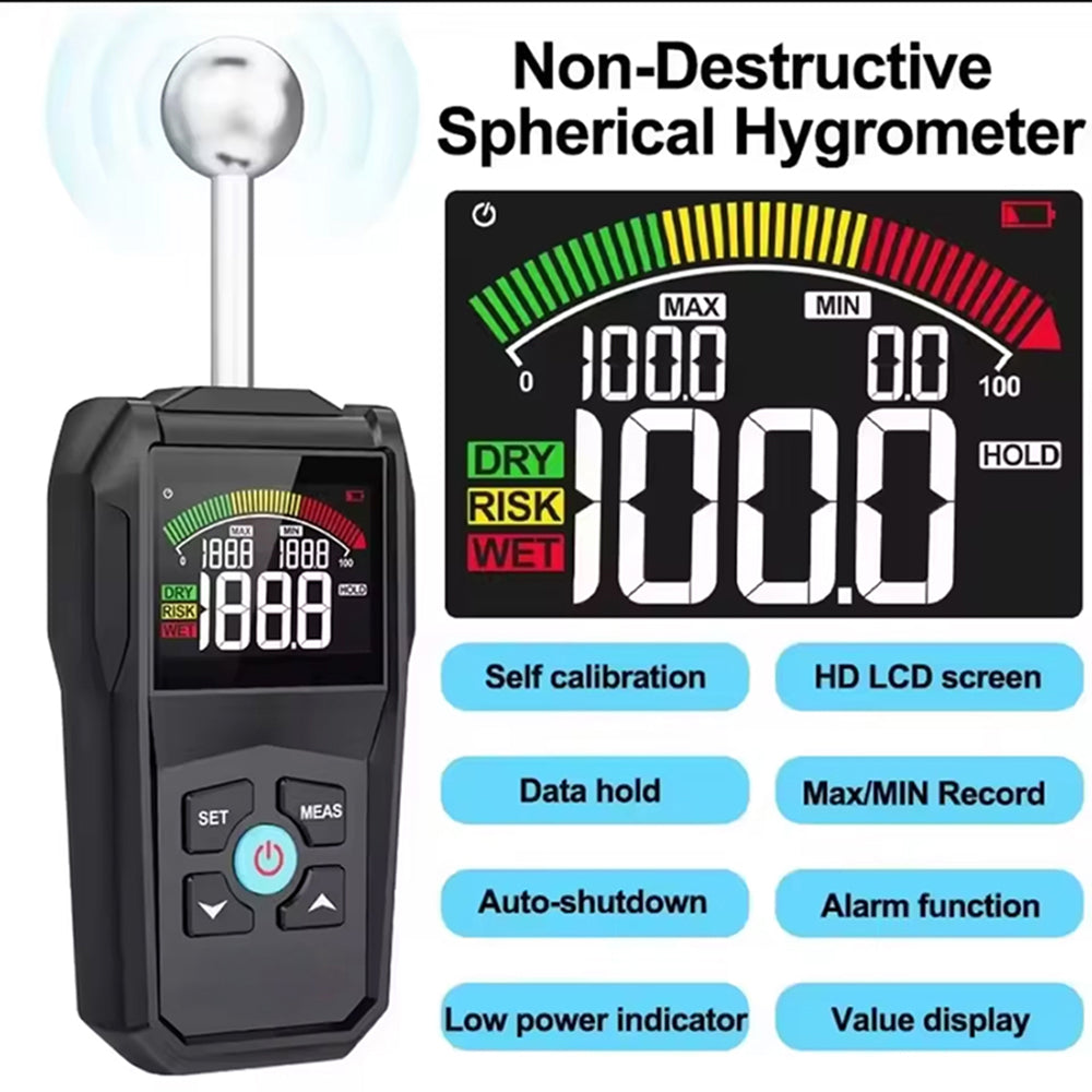 MoisiKox Non-Destructive Moisture Meter - Pinless Spherical Probe, 20-40mm Detection Depth, HD Color LCD with Triple-Zone Alarm for Wood, Concrete, and Drywall