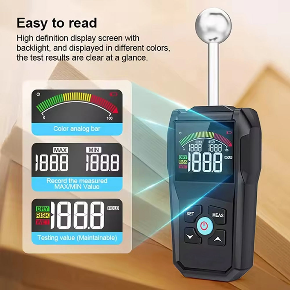 MoisiKox Non-Destructive Moisture Meter - Pinless Spherical Probe, 20-40mm Detection Depth, HD Color LCD with Triple-Zone Alarm for Wood, Concrete, and Drywall