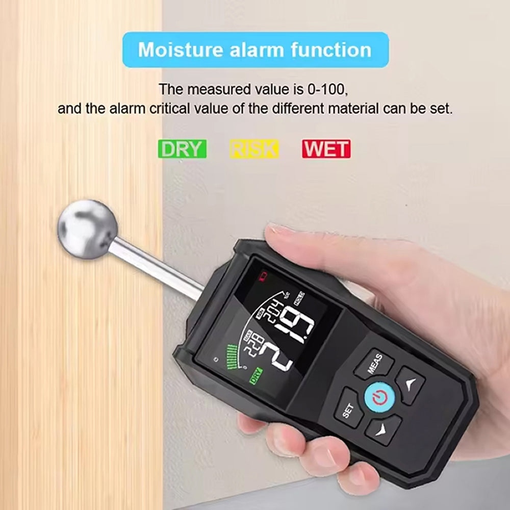 MoisiKox Non-Destructive Moisture Meter - Pinless Spherical Probe, 20-40mm Detection Depth, HD Color LCD with Triple-Zone Alarm for Wood, Concrete, and Drywall