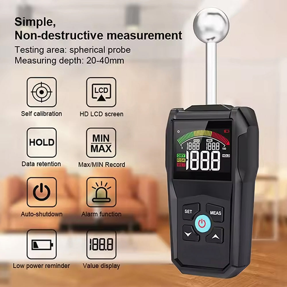 MoisiKox Non-Destructive Moisture Meter - Pinless Spherical Probe, 20-40mm Detection Depth, HD Color LCD with Triple-Zone Alarm for Wood, Concrete, and Drywall