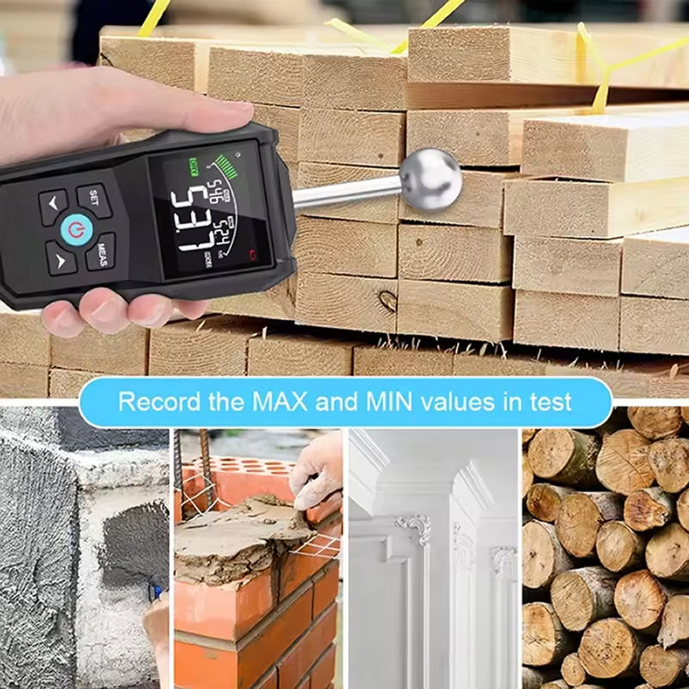 MoisiKox Non-Destructive Moisture Meter - Pinless Spherical Probe, 20-40mm Detection Depth, HD Color LCD with Triple-Zone Alarm for Wood, Concrete, and Drywall