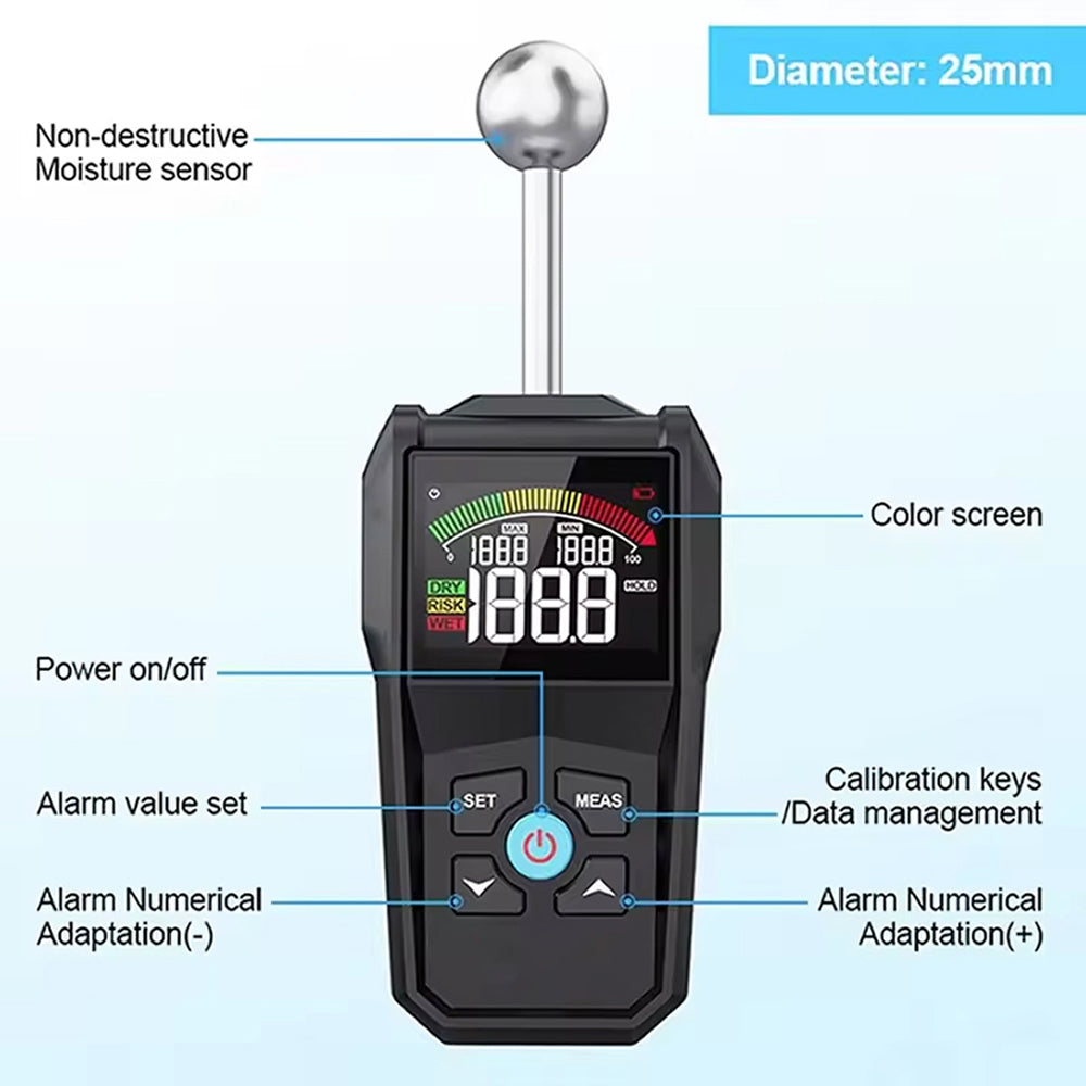 MoisiKox Non-Destructive Moisture Meter - Pinless Spherical Probe, 20-40mm Detection Depth, HD Color LCD with Triple-Zone Alarm for Wood, Concrete, and Drywall