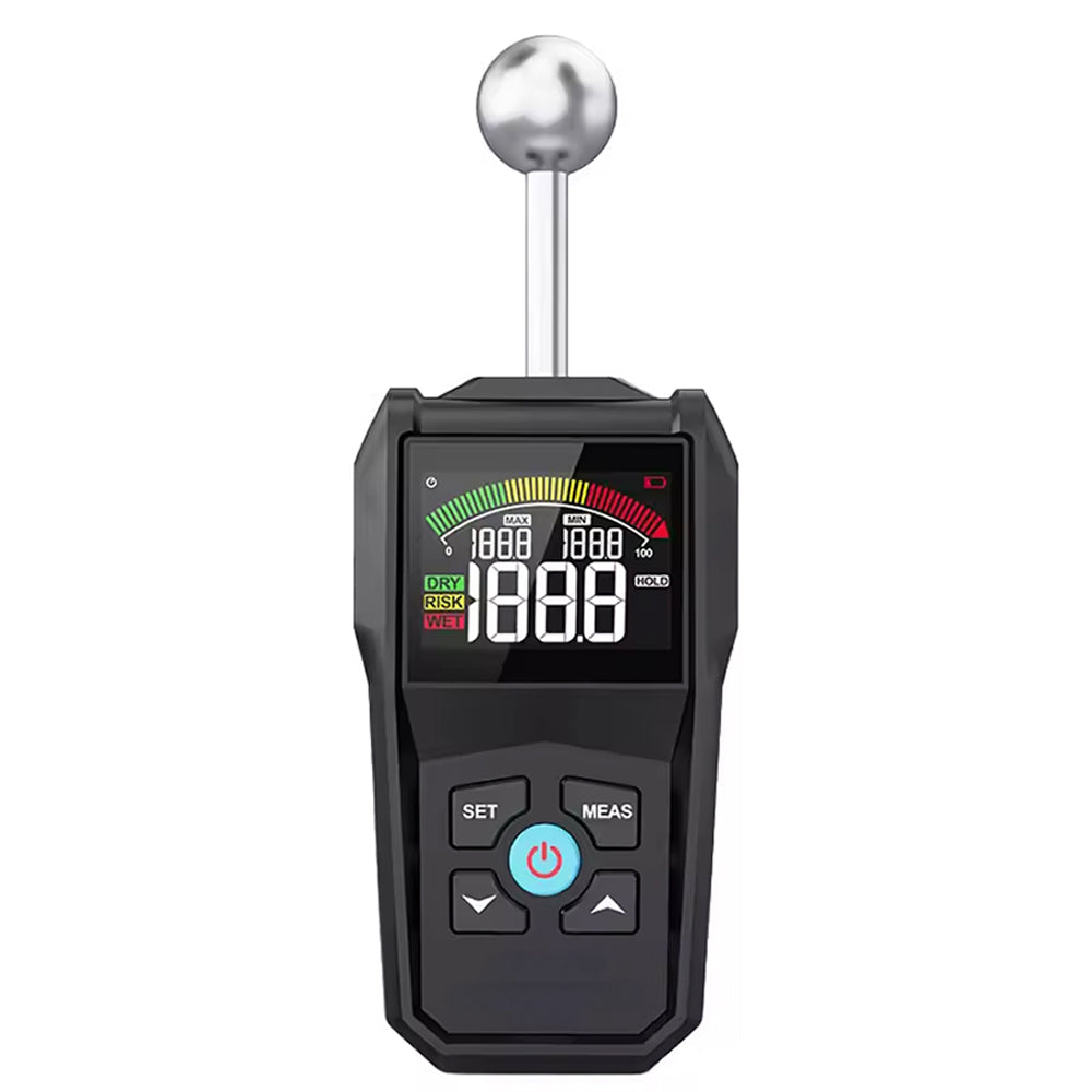 MoisiKox Non-Destructive Moisture Meter - Pinless Spherical Probe, 20-40mm Detection Depth, HD Color LCD with Triple-Zone Alarm for Wood, Concrete, and Drywall