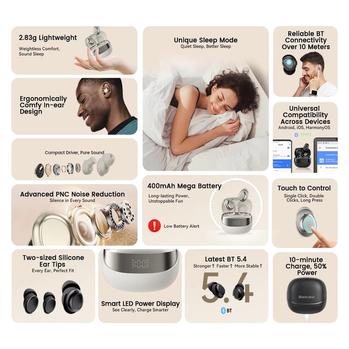 NapBudli Sleep Earbuds - Ultra-Lightweight 2.83g Side Sleeper Headphones, Bluetooth 5.4 with Noise Reduction & 400mAh Battery