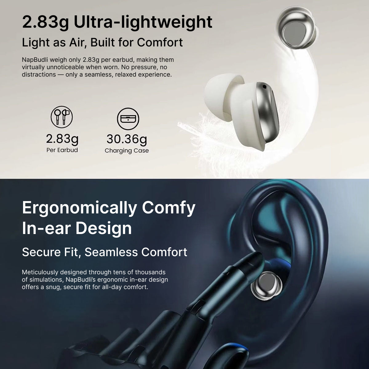 NapBudli Sleep Earbuds - Ultra-Lightweight 2.83g Side Sleeper Headphones, Bluetooth 5.4 with Noise Reduction & 400mAh Battery