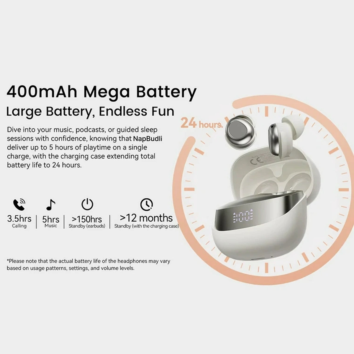 NapBudli Sleep Earbuds - Ultra-Lightweight 2.83g Side Sleeper Headphones, Bluetooth 5.4 with Noise Reduction & 400mAh Battery